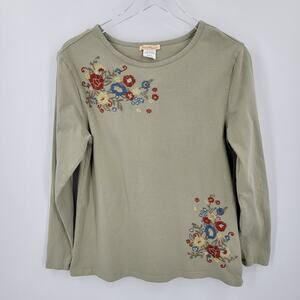 Sweet Magnolia T Shirt Womens Small Green Embroidered Floral Long Sleeve